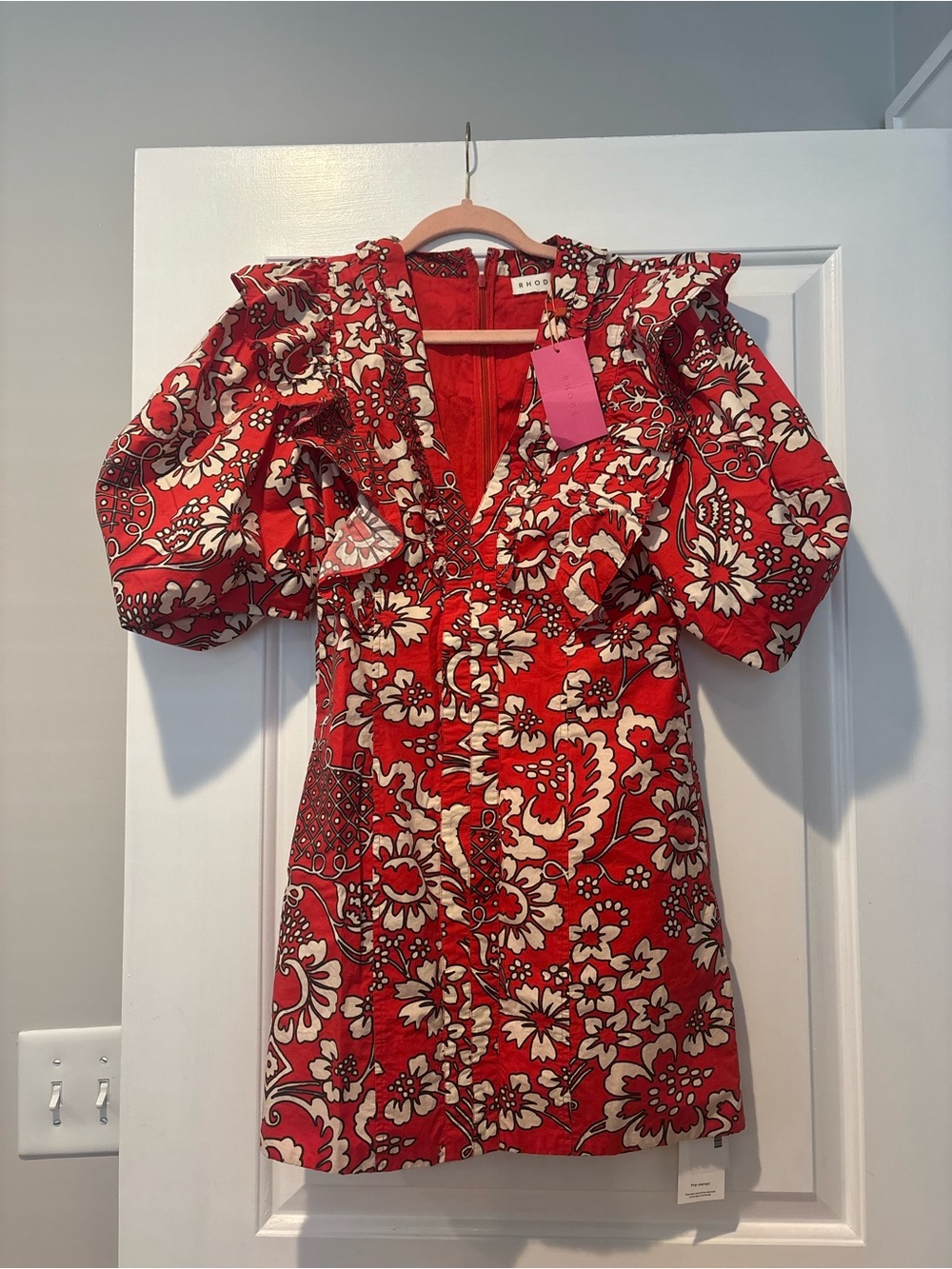 RHODE Red Floral V-Neck Ruffle Mini Dress